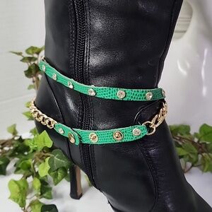 Gold Cuban Link Chain and Green Leather Boot Ankle Bracelet
